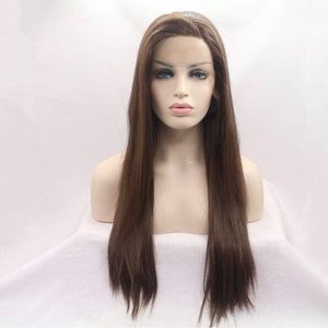 Long Silk Straight Hair Natural Brown Side Part Synthetic Lace Front Wig